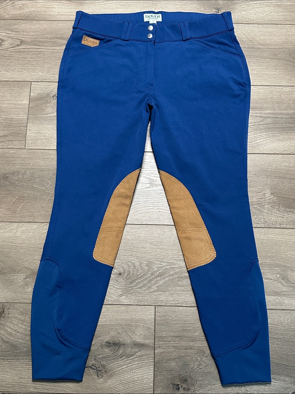 Dover Saddlery Equestrian Riding Mid Rise Knee Patch Breeches Pants Blue Tan 34